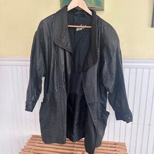 Vintage Winlit Black Embossed Leather Jacket With Abstract Pattern Design